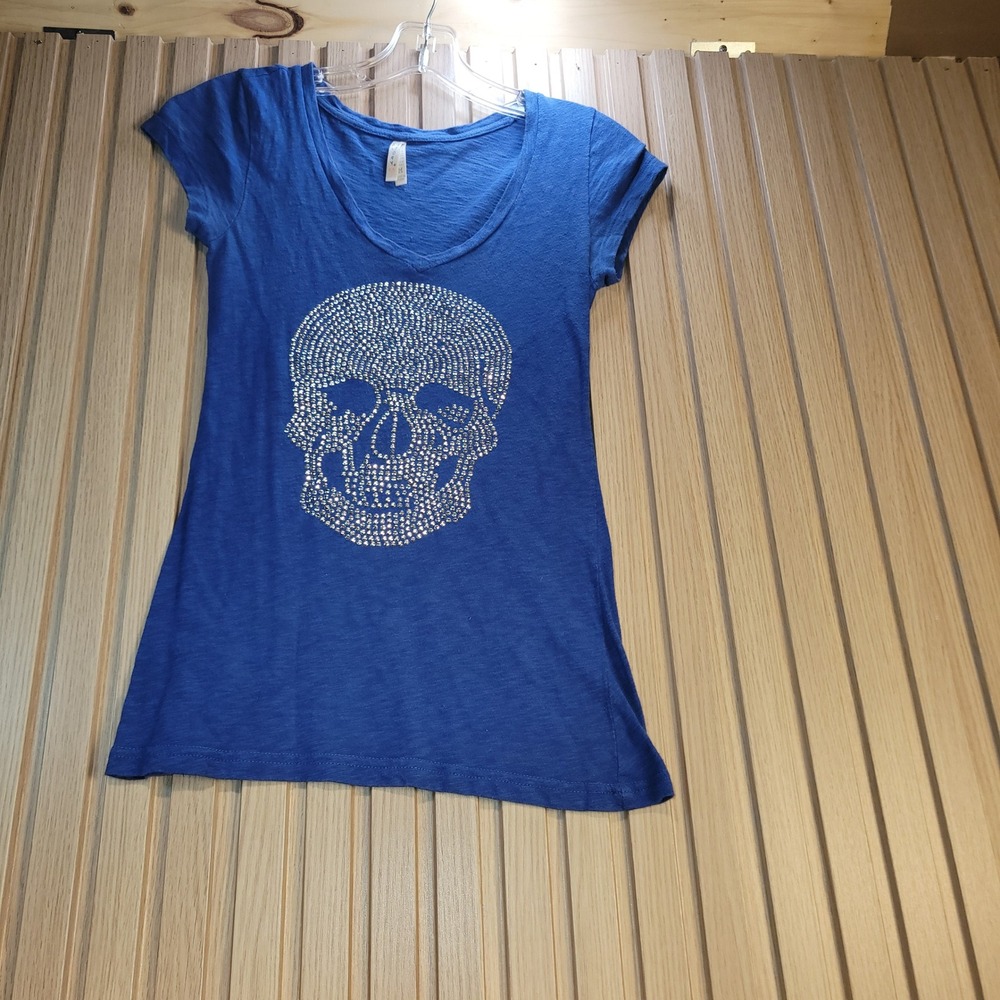Color Story Womens Blue Rhinestone Skull V-Neck Slub Cotton T-Shirt Medium